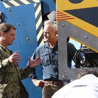 Captain Gregg W. Baumann discusses with CBS ‘60 Minutes’ anchor Scott Pelley  the technology to be deployed in the search for El Faro. The feature El Faro spot aired on CBS on Sunday, January 3, 2016.  If you missed it, view the 60 Minutes video here:http://www.cbsnews.com/videos/lost-in-the-bermuda-triangle  (Courtesy of U.S. Navy/CBS ‘60 Minutes’)