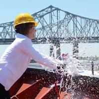 Carrie Templin christens Crowley’s new product tanker Louisiana in New Orleans (Photo: Crowley)