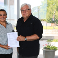 Rebecca Garcia-Malone, ASA Education Committee Chair, presents Dr. Richard J. Burke, ABS Professor of Naval Architecture & Engineering, SUNY Maritime College, with an official invitation to join the ASA as the very first honorary maritime faculty member representative, July 20, 2018 at SUNY Maritime College. (Photo: ASA)