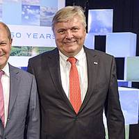 Celebrating in 150 Years of DNV GL Hamburg: Michael Behrendt (v. l.), Chairman of the Executive Board of Hapag Lloyd AG, Olaf Scholz, First Mayor of the Free and Hanseatic City of Hamburg, and Henrik O. Madsen, President and CEO of the DNV GL Group. (Photo courtesy of DNV GL)