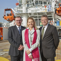 Celebrating the naming of Forties Sentinel are (left to right) Rory Deans, chief executive of Sentinel Marine, Ylva Tuft – the ship’s godmother – and Mervyn Williams, supply chain manager for INEOS Breagh. (Photo: Sentinel Marine)