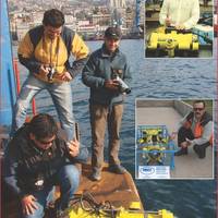 Chile’s Fernando Landeta of Landmarine (r) with Fisher SeaOtter ROV; Top inset – Ecuador’s Edwin Ortega with his new SeaOtter-2 ROV at Fishers factory; Center inset; Chile’s Pedro Campos of Subsea Engineering with his SeaLion ROV in crash cage