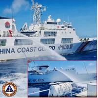 China Coast Guard allegedly uses a water cannon against the Philippine Coast Guard vessels, which were escorting a resupply mission for the Philippine troops stationed at the Second Thomas Shoal in the South China Sea on August 5, 2023, in this handout photo released on August 6, 2023. (Photo: Philippine Coast Guard)