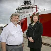 Chris Dobson master of Ocean Osprey and Mary Bryce, wife of John Bryce, managing director of Atlantic Offshore Rescue, who named the vessel in Spain