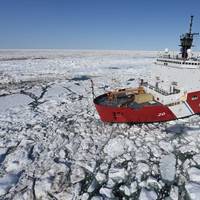 Coast Guard Cutter Healy patrols the Arctic Ocean during a Coast Guard Research and Development Center joint civil and federal search and rescue exercise near Oliktok Point, Alaska, July 13, 2015. The Healy is a 420-foot icebreaker homeported in Seattle. (USCG photo by Grant DeVuyst)
