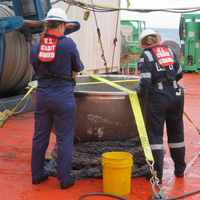 Coast Guard marine safety engineers assigned to the Marine Safety Center, working for the Marine Board of Investigation for the Titan submersible case, conduct a survey of the aft titanium endcap from Titan in the North Atlantic Ocean October 1, 2023. The endcap was recently recovered from the seafloor and successfully transferred to a U.S. port for analysis. (Photo: U.S. National Transportation Safety Board)