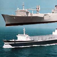 (Credit: USNS Bellatrix: US Navy photo now in the collections of the DoD as Department of Defense photo # DN-SC-85-10732; SL7 M&O: SS Sea-Land Galloway, Martin & Ottaway collection)