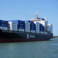 Crowley’s new LNG-powered containership Quetzal has successfully begun its inaugural commercial voyage. Credit: Crowley