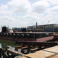 Deck barge Dale Pyatt sits in May Shipyard while construction is finalized. (Photo: Eric Haun)