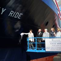 Dick Nelson is second from left, during the christening of auxiliary general oceanographic research (AGOR) vessel R/V Sally Ride (AGOR 28) at Dakota Creek Industries in 2014. (Photo: John F. Williams / U.S. Navy)