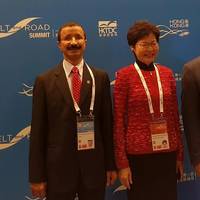 DP World Group Chairman and CEO, Sultan Ahmed Bin Sulayem, with Chief Secretary for Administration of the Hong Kong Government, Ms Carrie Lam and UAE Minister of Economy, HE Sultan Bin Saeed Al Mansouri at the Belt and Road Summit in Hong Kong. Photo DP World