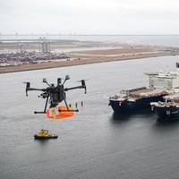 Drone delivering a package to the Pioneering Spirit vessel - Credit: Port of Rotterdam,