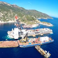 Dutch crane barge Conquest MB1 assists salvage operations for the refloat of Costa Concordia (Photo courtesy of Conquest Offshore)