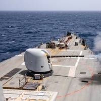 The Arleigh Burke-class guided-missile destroyer USS Cole (DDG 67) fires its Mark 45 gun system during a live-fire exercise, July 19, 2024. (Source: US Navy / Mark Pena)