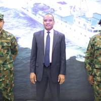 Director General, Nigerian Maritime Administration and Safety Agency (NIMASA), Dr. Bashir Jamoh flanked by Flag Officer Commanding, Western Naval Command, Rear Admiral Oladele Bamidele Daji (Right) and Navy Hydrographer, Rear Admiral Chukwuemeka Okafor (left) during a working visit by the Western Naval Command to NIMASA.