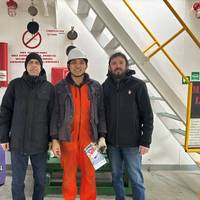 Father Alexander Smerechynskyy, Stella Maris Odesa port chaplain, and Rostyslav ‘Rostik’ Inzhestoikov, director of its local centre, with a seafarer on board a ship in Odesa.