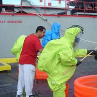 Qatar firefighters learn decontamination techniques at RESOLVE Maritime Academy. Photo courtesy Resolve Marine