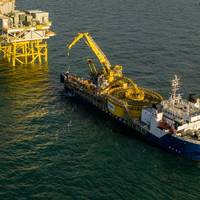 First export cable pull-in - Enshore Subsea’s CMOS Installer at Inch Cape’s offshore substation platform (Credit: Inch Cape Offshore)