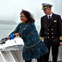 First Lady Rose Dunleavy christens MV Hubbard with Ethan Waldvogel, Hubbard Relief Captain. Photo by Dawn Millen, AMHS. (Photo: Alaska DOT)