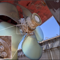 The five-bladed controllable pitch propeller on the Maunalei showing a fracture (inset) at the base of the no. 4 blade. (Source: U.S. Coast Guard)