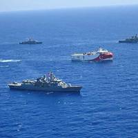 Frigates and corvettes of the Turkish Naval Forces escorting ORUC REİS seismic vessel while conducting surveys in the Eastern Mediterranean - Credit: Turkish Defense Ministry