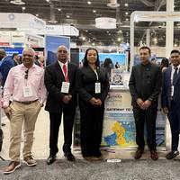 From left: Kishan Ramoutar, ISS Marine Services Manager, Trinidad, Guyana & Suriname, Manniram Prashad, Chairman of GOGEC, Kerensa Bart, Co-Founder & President of Symmetry Group, Dr Peter Ramsaroop, Chief Investment Officer, GO-INVEST, Tekram Singh, Partner Symmetry, Daniel Rizkalla, ISS Commercial Manager - Americas and Ashley Zelesnikar, ISS Sales Manager. Credit: Inchcape Shipping Services