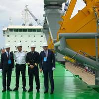 From left: Managing Director Mikki Koskinen, Chief Engineer Jarmo Kuronen, Master Jussi Vaahtikari and Chairman of the Board Aki Ojanen during the delivery ceremony. Photo: ESL Shipping Ltd