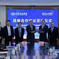 From left to right - Cosco Shipping Lines: Wang Kunhui (General Manager of Latin America/Africa Trade division), Tao Weidong (Deputy Managing Director), Chen Shuai (Deputy Managing Director), Wang Haimin (Managing Director) - Bolloré Transport & Logistics: Cyrille Bolloré (CEO), Philippe Labonne, (Deputy CEO), Michel Sibony (Head of Middle Office) et Sébastien Beuque (Shipping Director). Photo: Cosco Shipping Lines