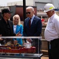 From left to right: Lasse Petterson, CEO of Great Lakes Dredge and Dock; Rep. Mary Gay Scanlon, D-Pa.; President Joe Biden; and Steinar Nerbovik, CEO of Philadelphia Shipyard (Photo: Philly Shipyard)