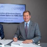 From left to right, MGM owner John Angelicoussis and Excelerate Managing Director and President Steven Kobos sign the agreement. Photo: Excelerate Energy
