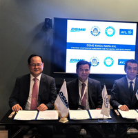 From left to right: Odin Kwon, Daewoo Shipbuilding & Marine Engineering, Deog Hee Doh, Korea Maritime and Ocean University, Naoki Mizutani, NAPA and Marko Dekena, AVL LIST signing the co-operation agreement at Nor-Shipping 2019 exhibition in Oslo.  (Photo: NAPA)