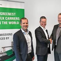 From the left ESL Shipping represented by Tero Valu, Ship Operator and Mikke Koskinen, Managing Director. Skangas’s Tommy Mattila, Sales and Marketing Director and Jouni Bedda, Sales Manager. Photo: Skangas