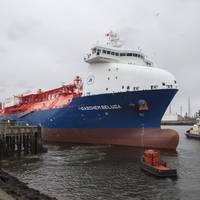 GasChem Beluga, pictured on the River Tees for its naming ceremony, is an eco-friendly sea vessel that will carry shipments of ethane gas from Houston in the U.S. to SABIC’s Olefins Cracker on Teesside. (Photo: SABIC)