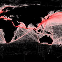 Global shipping routes crisscross the world’s oceans in this map of shipping lanes derived from a 2008 study of the human impact on marine ecosystems. (Credit: Grolltech)