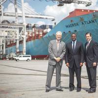 GPA Board Chairman Robert Jepson, Atlanta Mayor Kasim Reed, and GPA’s Executive Director Curtis Foltz in front of the Maersk vessel Atlanta, Monday at the Georgia Ports Authority’s Garden City Terminal. The officials gathered just before Vice President Joe Biden shared remarks at the Port of Savannah. (GPA photo/Luke Smith)