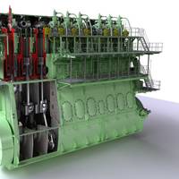 Graphical rendering of the nine-cylinder, 90-cm-bore version of MAN Diesel & Turbo’s ME-GI dual-fuel low-speed engine. Within the company’s low-speed engine portfolio, the ME-GI engine is officially designated as ME-C-GI (M-type, Electronically Controlled, GI for Gas Injection)