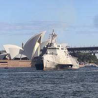 The Independence variant littoral combat ship USS Canberra (LCS 30) arrives in Sydney, Australia July 18, 2023. The ship was commissioned July 22 in Sydney. (Photo: Julie Ann Ripley / U.S. Navy)