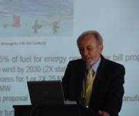John Westwood, Chairman of energy business advisors Douglas-Westwood, addressing delegates at OceanTech Expo 2010. (Photo: Greg Trauthwein)