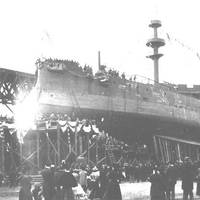 Kentucky (BB-6) ready for launching at the Newport News Shipbuilding and Dry Dock Company shipyard, Newport News, Virginia, March 24, 1898. Note chalk marks on her hull plating, indicating the planned location of fittings and gun ports. (Photo: U.S. Naval Historical Center)