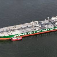 Korolev Prospect is being berthed for bunkering with LNG at the Port of Rotterdam. Image: SCF Press Service