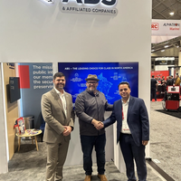 (L to R): Keegan Plaskon, ABS Director, Business Development; Bryan Rouse, Edison Chouest Offshore, Sustainability Coordinator; and Stergios Stamopoulos, ABS Manager, Sustainability; at the 2023 International WorkBoat Show in New Orleans.