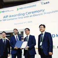 (L to R): SeMin Kim; ABS Senior Manager, Business Development; Joshua Divin; ABS Senior Vice President, Marine Business Development; Hong-Ryeul Ryu, HD HHI Executive Vice President and Chief Technology Officer; and Byounghun Kwon, HD KSOE Executive Vice President and Head of Digital Research Lab, at Gastech 2025 in Milan, Italy. Image courtesy ABS