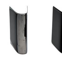 Left: A commercial epoxy polysiloxane subjected to a half inch mandrel bend test showing cracking and delamination after one week of aging. Right: A commercial epoxy polysiloxane with SiVance C1008 Curative subjected to a half inch mandrel bend test showing no signs of cracking or delamination after aging for one year