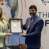 Left to right: Anastasija Kuprijanova, director of maritime dusiness development, Amogy, with Keegan Plaskon, director, business development – eastern North America, American Bureau of Shipping (Photo: Eric Haun)
