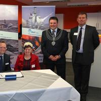 (left to right): Oliver Colvile, MP for Plymouth, Sutton & Devonport; Mike Prince, Managing Director of BMT Isis; Councillor Pauline Murphy; Nigel Churchill, Deputy Lord Mayor of Plymouth; Major General David Hook CBE, Royal Marines.