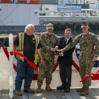 Left to right: Tim Davison, Engineered Construction Services, Inc.; Commander, Portsmouth Naval Shipyard (Acting) Capt. Jesse Nice; Program Executive Office, Industrial Infrastructure, Mark Edelson, Senior Executive Service Naval Sea Systems Command; Commander, Officer in Charge of Construction PNSY, Capt. Chad Brooks. (Photo: Charlotte C. Oliver / U.S. Navy)