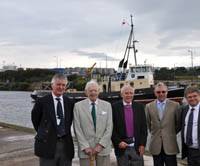 Len Jones (2nd left) at QEII Dock with (l-r) former colleagues Jim Cordiner, David Ogilvie, Ray Howells and current Ship Canal general manager Dean Hammond.