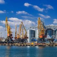 Lifting cargo cranes, ships and grain dryer in Sea Port of Odessa, Black Sea, Ukraine. Copyright Oleksandra/AdobeStock
