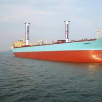 Maersk P-Class Illustration with two 30x5 Norsepower Rotor Sails (Photo: Maersk Tankers / Norsepower)