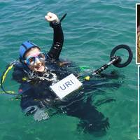 Main photo – Dr. Bridget Buxton with the Pulse 8X detector, Bottom inset – diver holds recovered gold coins, Top inset – some of the 2,000 gold coins found off Israeli coast. (Photos courtesy of JW Fishers)